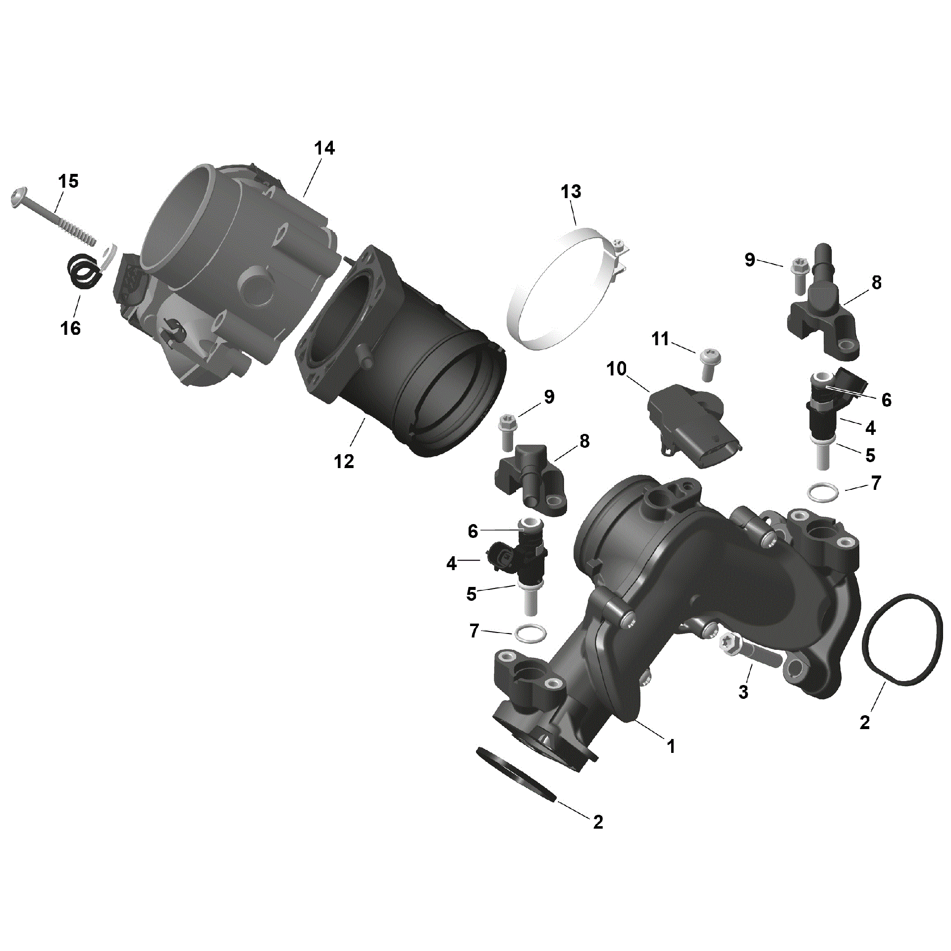 An Image of a Genuine Can-Am Parts Schematic Diagram showing the schematic - ROTAX - AIR INTAKE MANIFOLD AND THROTTLE BODY