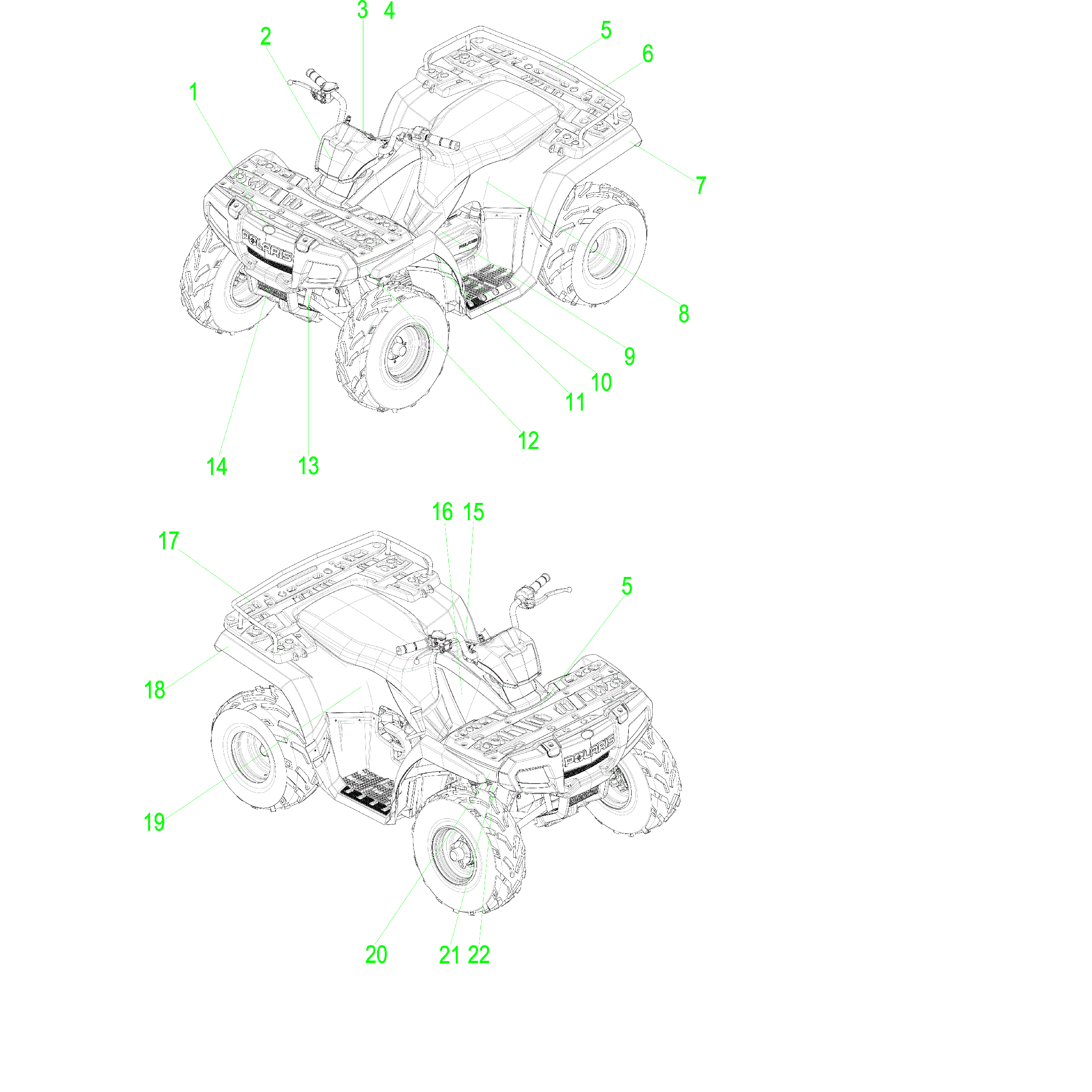 An Image of a Genuine Polaris Parts Schematic Diagram showing the schematic - BODY: DECALS - 2017 POLARIS SPORTSMAN 110