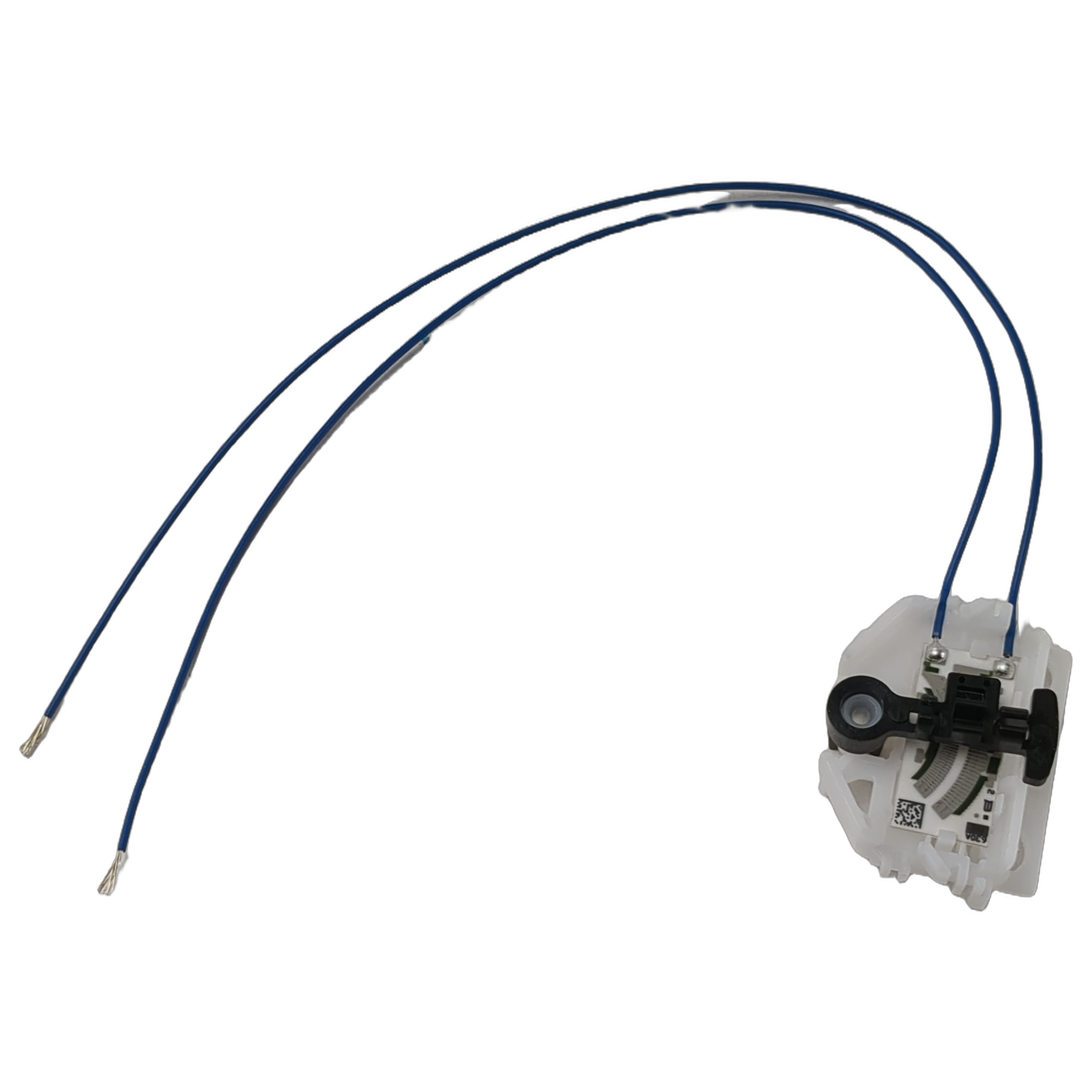White fuel level sensor module with black plastic components and two attached blue wires with metal connectors.