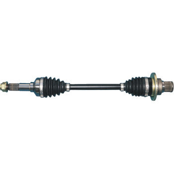 The Yamaha Rhino CV Axle Kit Complete Rear Left Heavy Duty by Moose Offroad features rubber boots, metal joints, and a chromoly steel rod, providing a durable solution for off-road use—shown isolated on a white background.