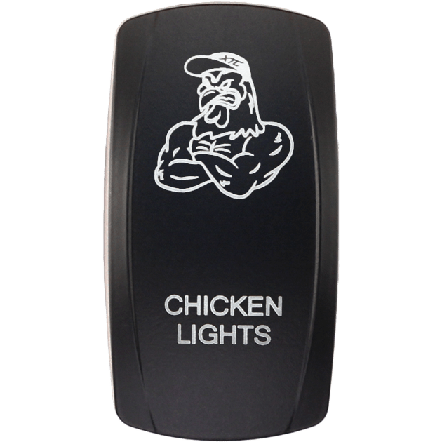 A black rocker switch by XTC Power featuring a white outline of a flexing, capped chicken above the words CHICKEN LIGHTS.