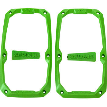 The Trim Kit Embark Side View Green by Seizmik features two green rectangular plastic frames with beveled edges, screw holes, and detachable SEIZMIK-labeled pieces—ideal for customizing your Seizmik side view mirrors. Shown side by side on a white background.