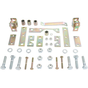A set of metallic, gold-toned brackets, bolts, nuts, washers, and spacers neatly arranged—ideal for High Lifters Lift Kit Front Back 2.00, designed to increase clearance on ATV/UTV big wheel kits.