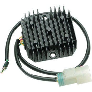 Black rectangular Honda regulator/rectifier with cooling fins and attached wiring harness with white plastic connector.