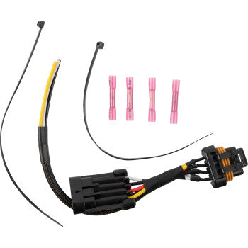 The Polaris Power Adapter by Moose Offroad is a black multi-wire electrical harness with zip ties and four pink heat-shrink butt connectors, perfect for OE taillight harness Plug-n-Play installation. Shown arranged on a white background.