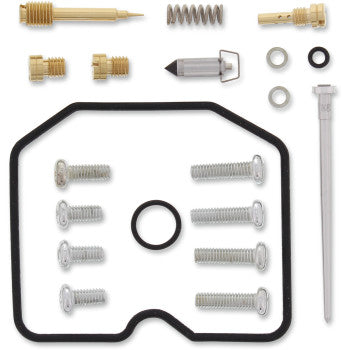The Arctic Cat Carburetor Repair Kit by Moose Offroad includes NBR rubber O-rings, screws, jets, a spring, needle, gaskets, washers, and more—assorted parts neatly displayed on a white background.