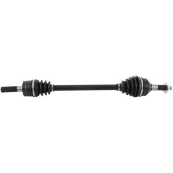 The Kawasaki Teryx Axle Kit Complete 8 Ball Extreme Duty Front Left by All Balls features a black chromoly shaft with rubber boots, metal fittings, and precision ball bearings, shown on a white background.