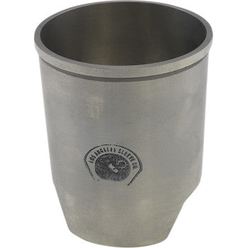 The Polaris Cylinder Sleeve 93.00 mm by LA Sleeve is a metal cylindrical engine sleeve with a flared rim, ideal for cylinder resleeving, and features the Los Angeles Sleeve Co. logo on the side.