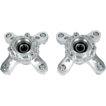 Two Honda TRX Wheel Hub Fronts by Lone Star Racing, each with four mounting arms, circular centers, and visible bearings, are shown side by side on a white background—offering weight savings over OEM steel hubs.