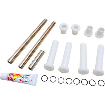 Set of metal pins, white plastic spacers and sleeves, black rubber O-rings, and a small tube of lubricant arranged on a.