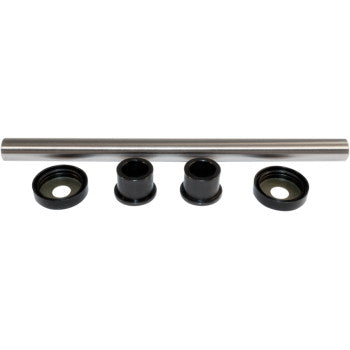 A metal rod is positioned above four black cylinders—two center bushings and two end caps—in a row, shown as part of the Epi A-Arm Repair Kit Front Upper assembly on a white background.