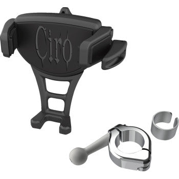 The Phone Holder Constrictor Black Chrome by Ciro mounts to 7/8 or 1 handlebars, featuring an adjustable arm, two silver brackets, and a secure grip to keep your device firmly in place.