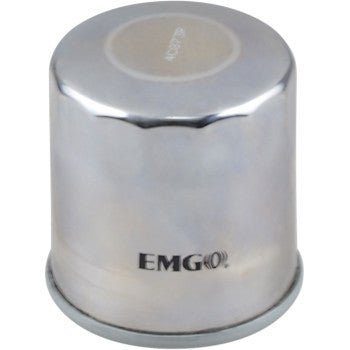 The Micro Tech Oil Filter Chrome by Emgo is a silver, cylindrical filter with a smooth, reflective surface and EMGO in black, featuring 10-micron filtration for enhanced protection.