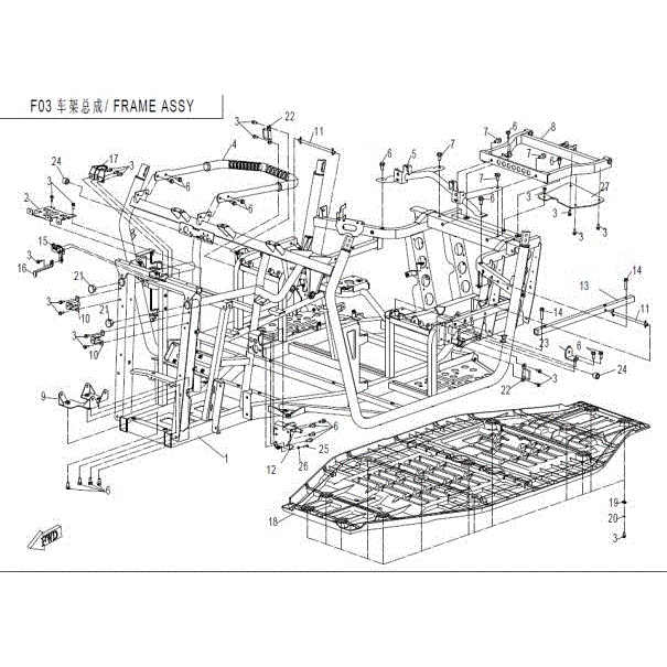 An Image of a Genuine CFMOTO Parts Schematic Diagram showing the schematic - FRAME ASSY. - 2015 CFMOTO UFORCE 800
