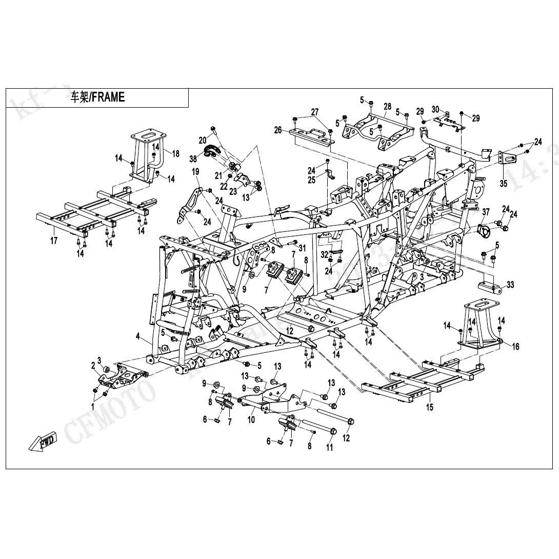 An Image of a genuine CFMOTO Parts Schematic Diagram showing the group - FRAME - 2024 CFMOTO CFORCE 600 TOURING