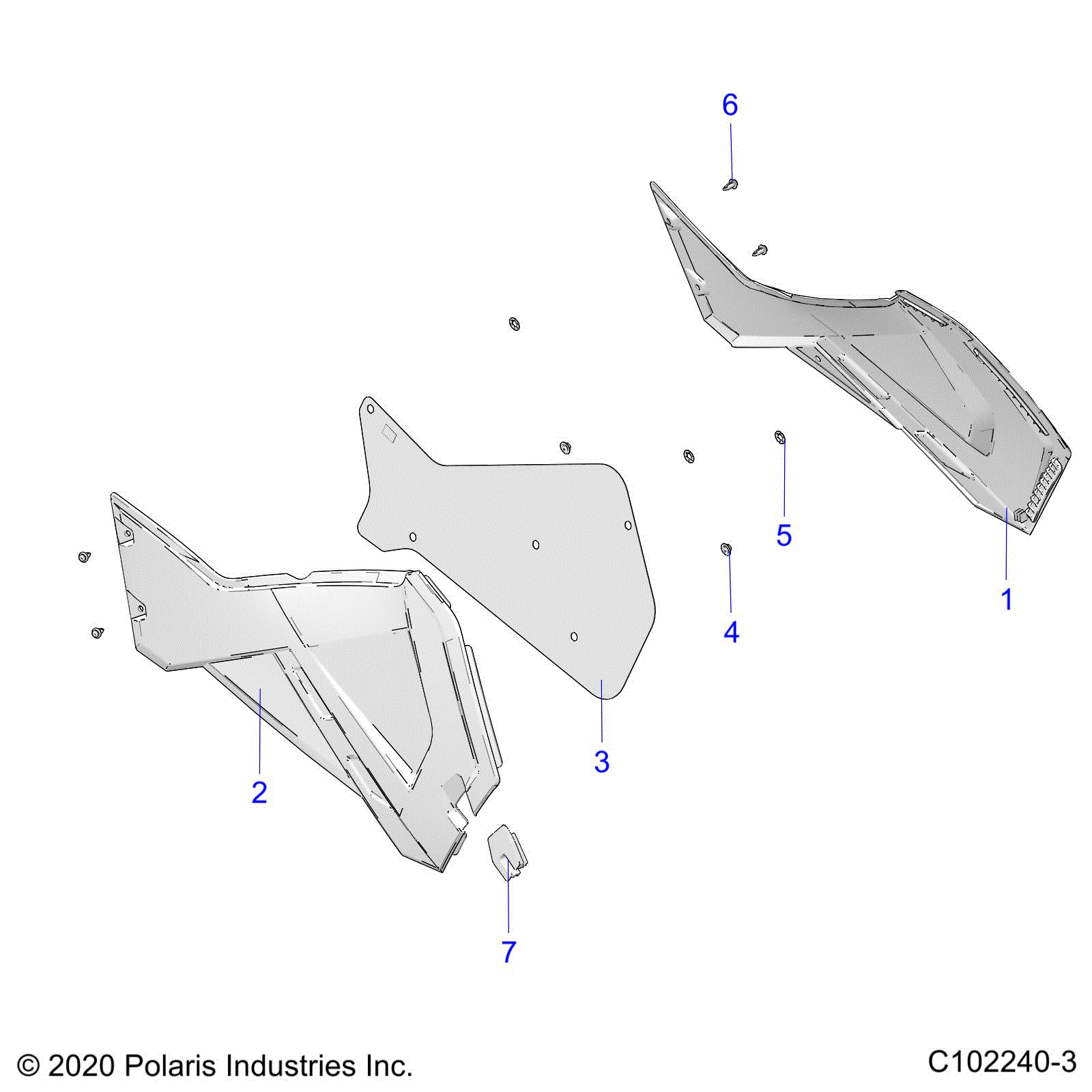 An Image of a Genuine Polaris Parts Schematic Diagram showing the schematic - BODY: SIDE PANELS - 2023 POLARIS SPORTSMAN 570 6X6