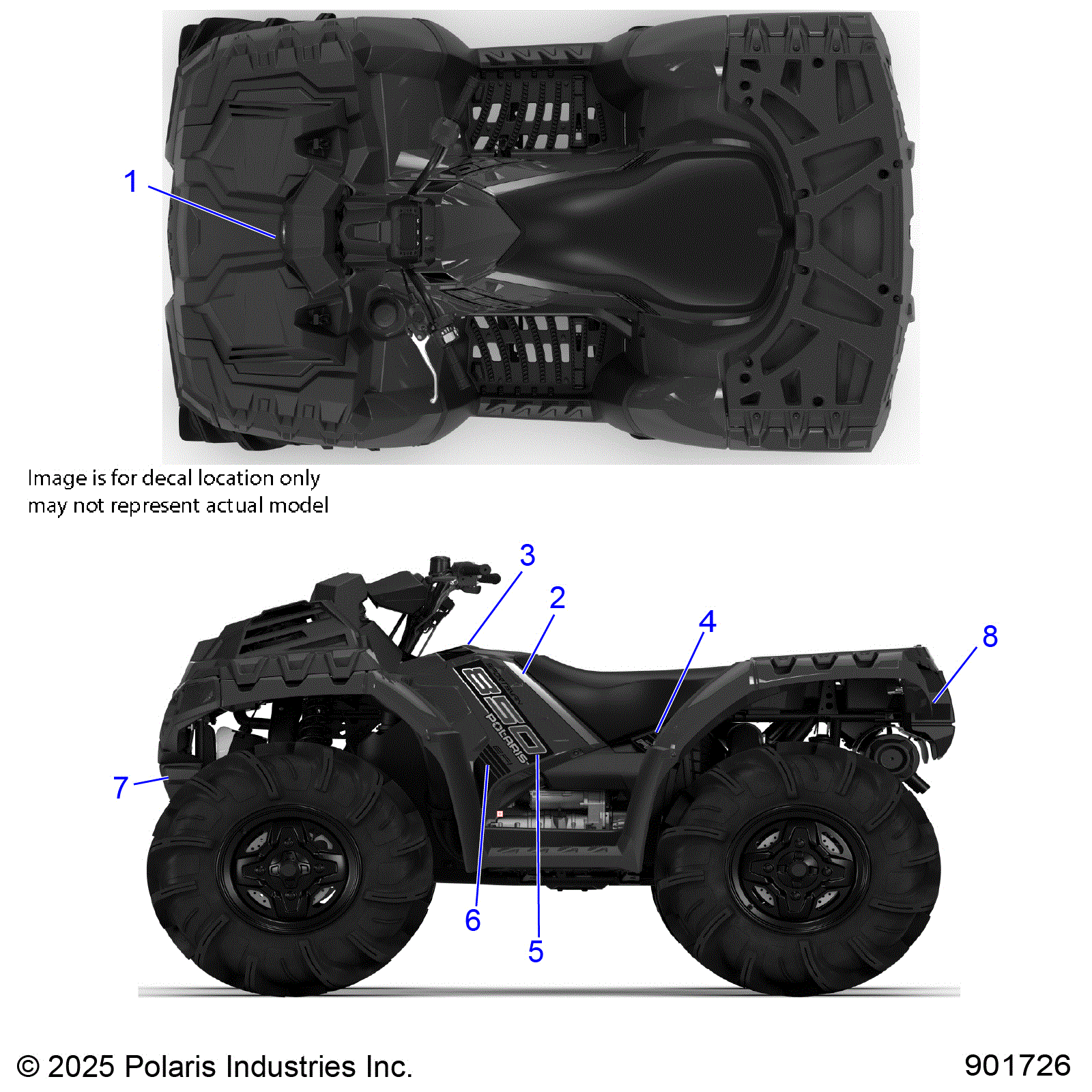 An Image of a Genuine Polaris Parts Schematic Diagram showing the schematic - BODY: DECALS GRAPHIC - 2026 POLARIS SPORTSMAN 850 MUD 49S