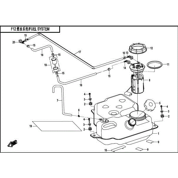 An Image of a Genuine CFMOTO Parts Schematic Diagram showing the schematic - FUEL SYSTEM - 2016 CFMOTO ZFORCE 500