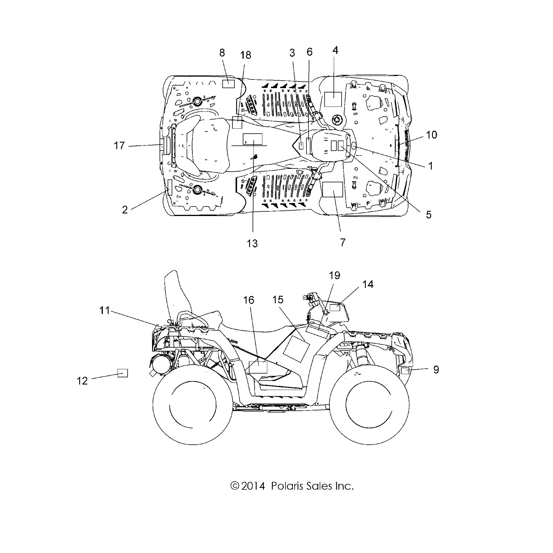 An Image of a Genuine Polaris Parts Schematic Diagram showing the schematic - BODY: DECALS - 2015 POLARIS SPORTSMAN TOURING 1000