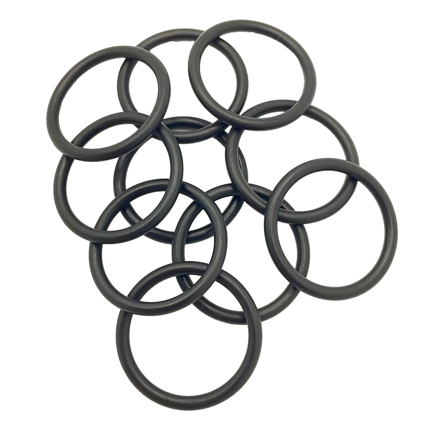 Set of black rubber O-ring seals of varying sizes arranged overlapping on a white background.