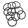 Set of black rubber O-ring seals of varying sizes arranged overlapping on a white background.