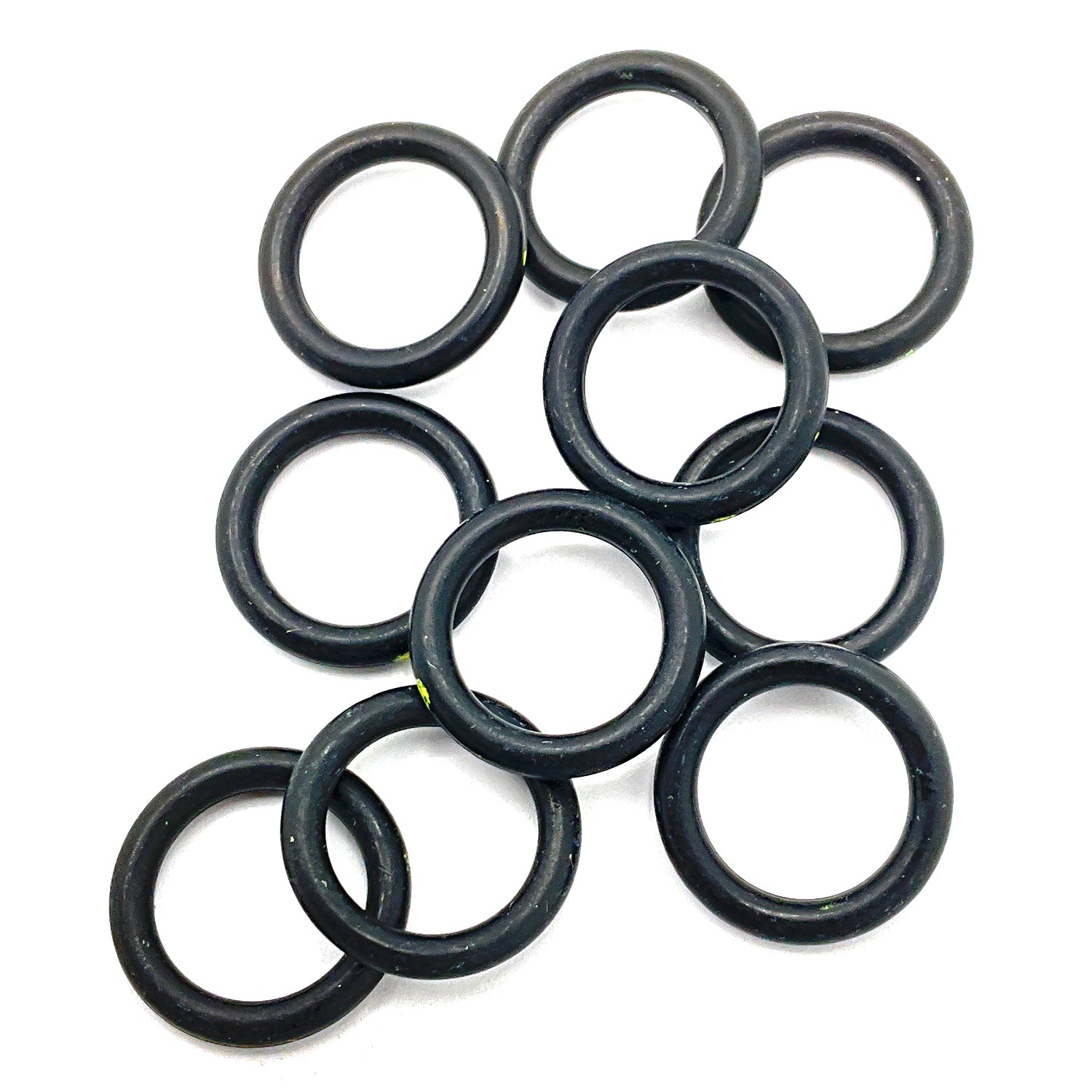 Set of ten black rubber O-rings with smooth texture and circular shape.