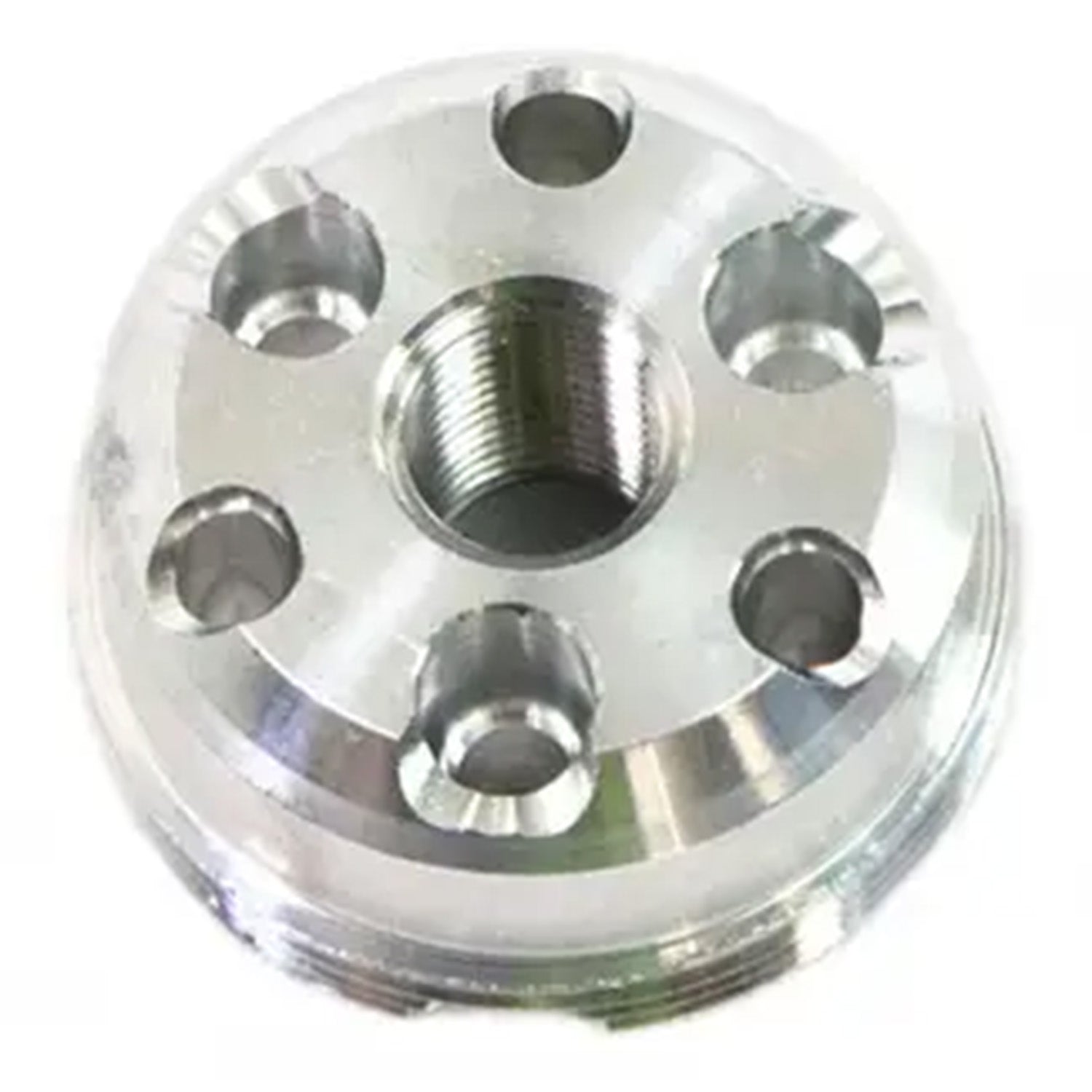 Silver metal piston component with six circular holes and central threaded opening.