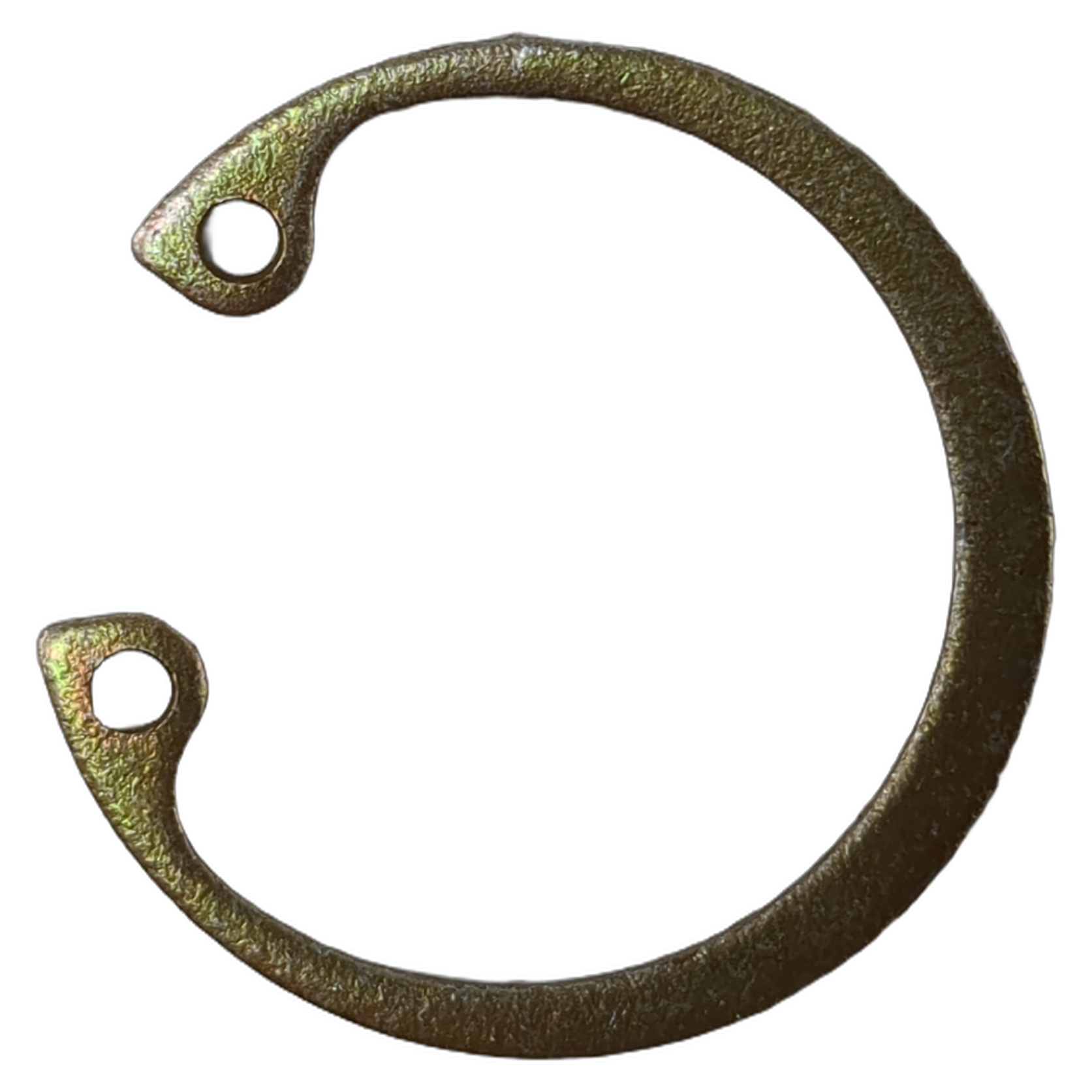 Metallic circular retainer ring with two small tabs featuring holes for securing components.