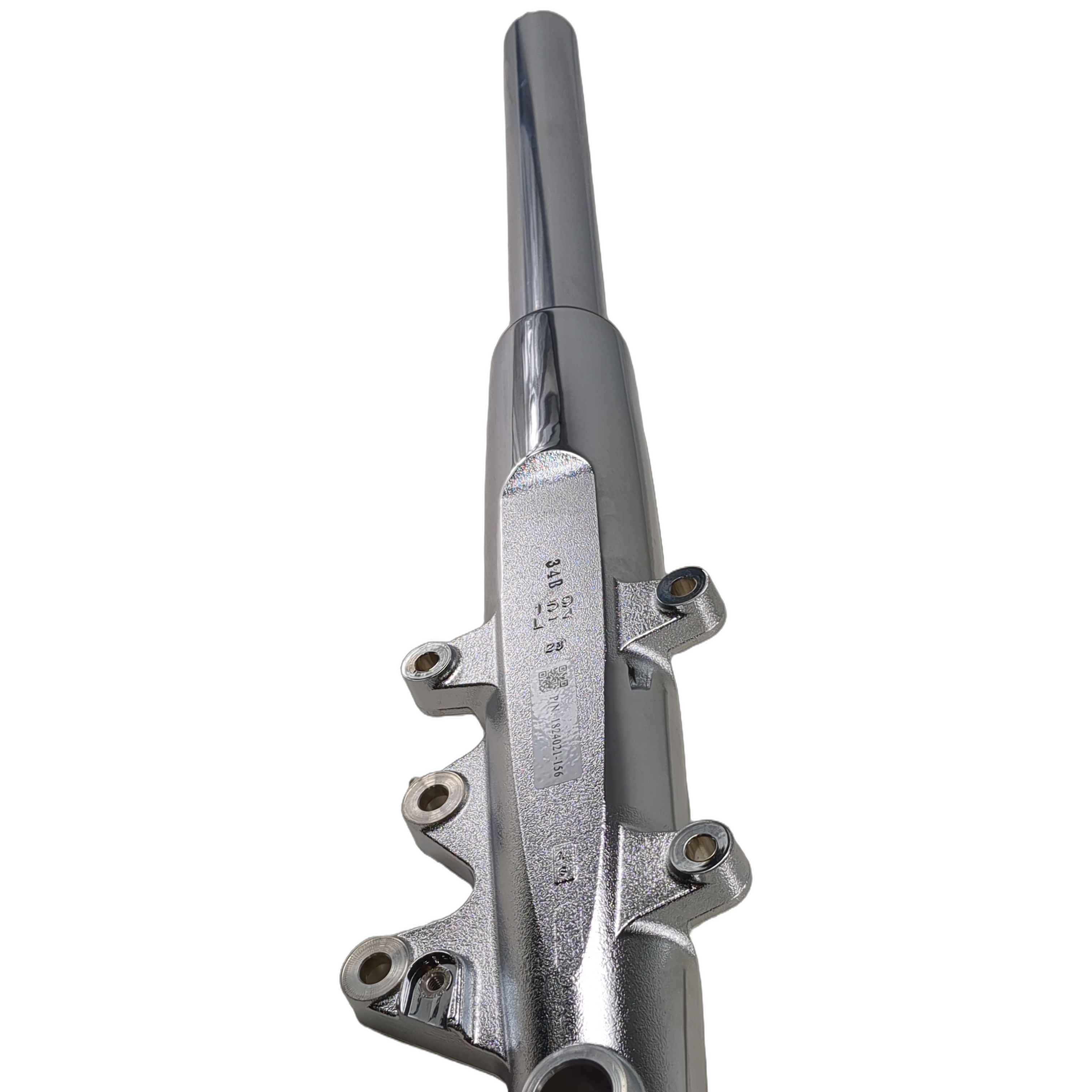 Left chrome fork leg for Indian motorcycle with smooth tubular upper section and mounting points on the lower clamp area.