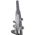 Left chrome fork leg for Indian motorcycle with smooth tubular upper section and mounting points on the lower clamp area.
