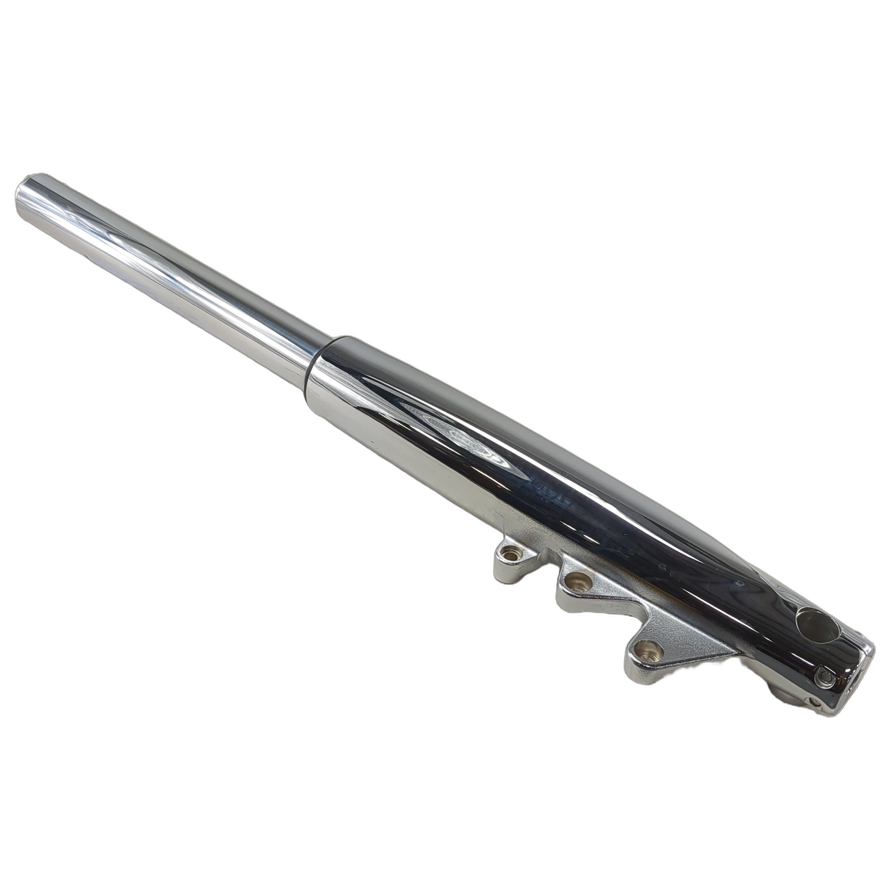 Right side motorcycle fork leg with polished chrome finish and mounting brackets.