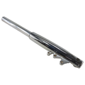 Right side motorcycle fork leg with polished chrome finish and mounting brackets.