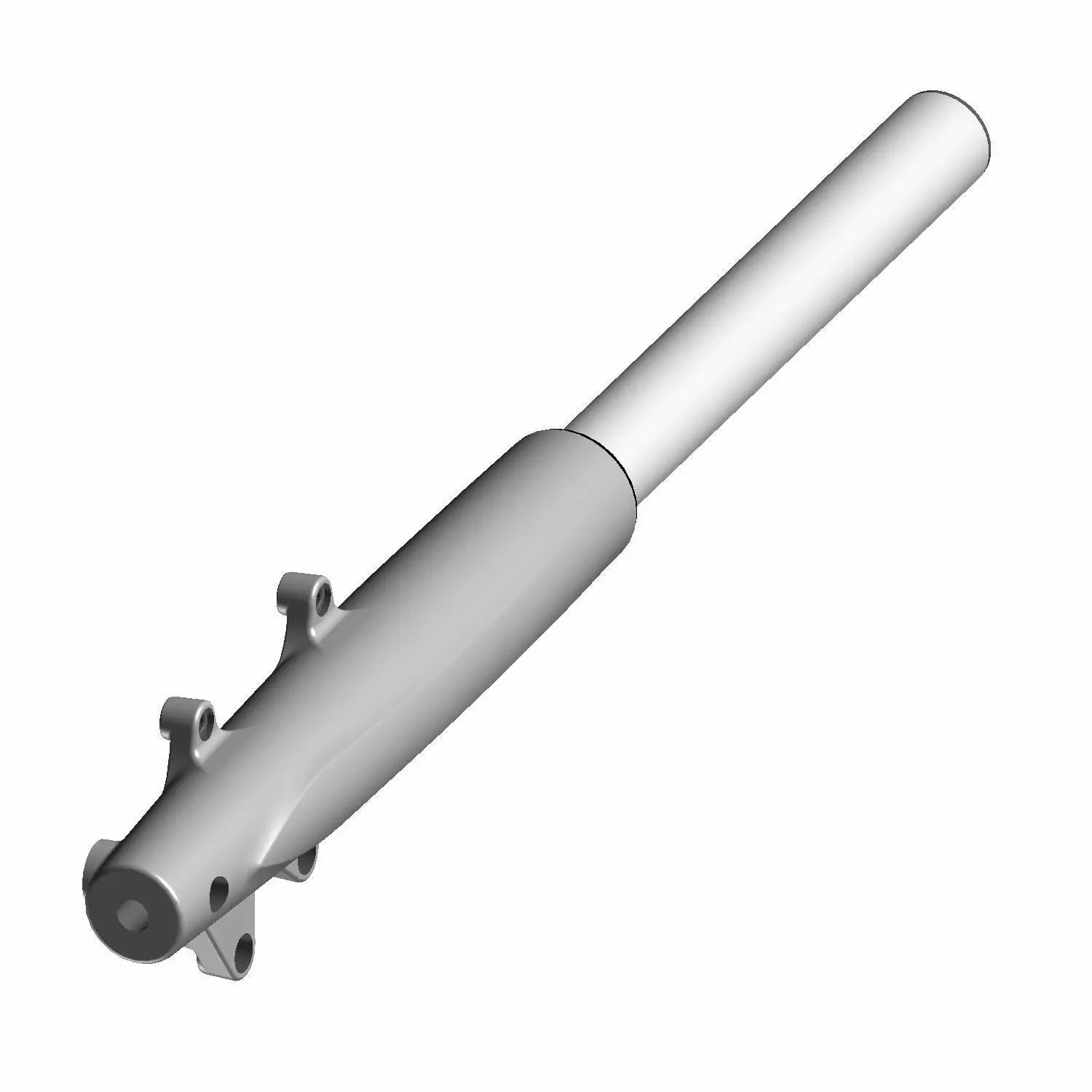 Left fork leg in flat black with mounting brackets and cylindrical extension for motorcycle front suspension.