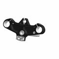 Black metal lower bracket with circular clamps and mounting holes for motorcycle assembly.