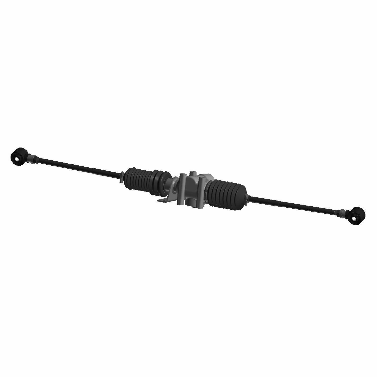 Black metal Polaris steering gear box with rubber bellows and mounting brackets for UTVs.