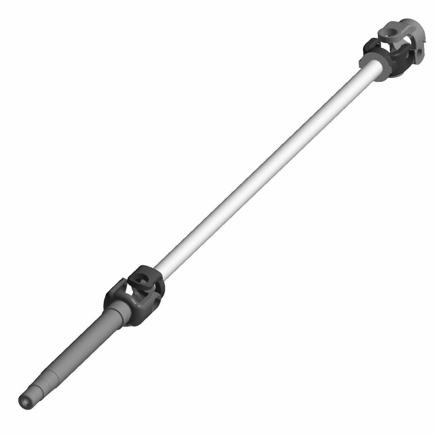 Silver metal steering shaft with black universal joints on both ends for off-road vehicle use.