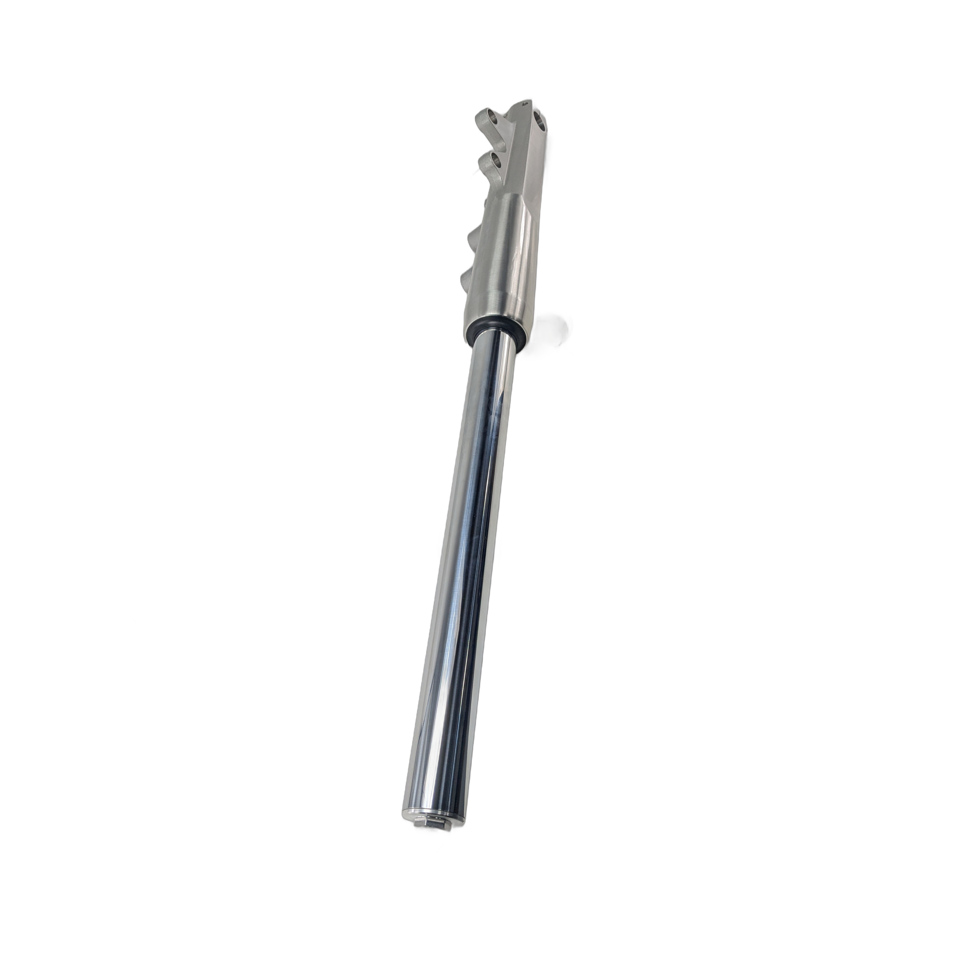 Chrome-finished metal fork leg with a silver machined top clamp section and mounting points.