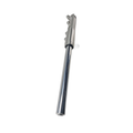 Chrome-finished metal fork leg with a silver machined top clamp section and mounting points.