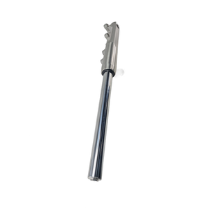 Chrome-finished metal fork leg with a silver machined top clamp section and mounting points.