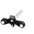 Black metal triple tree clamp with central cylindrical stem and mounting holes for motorcycle steering assembly.