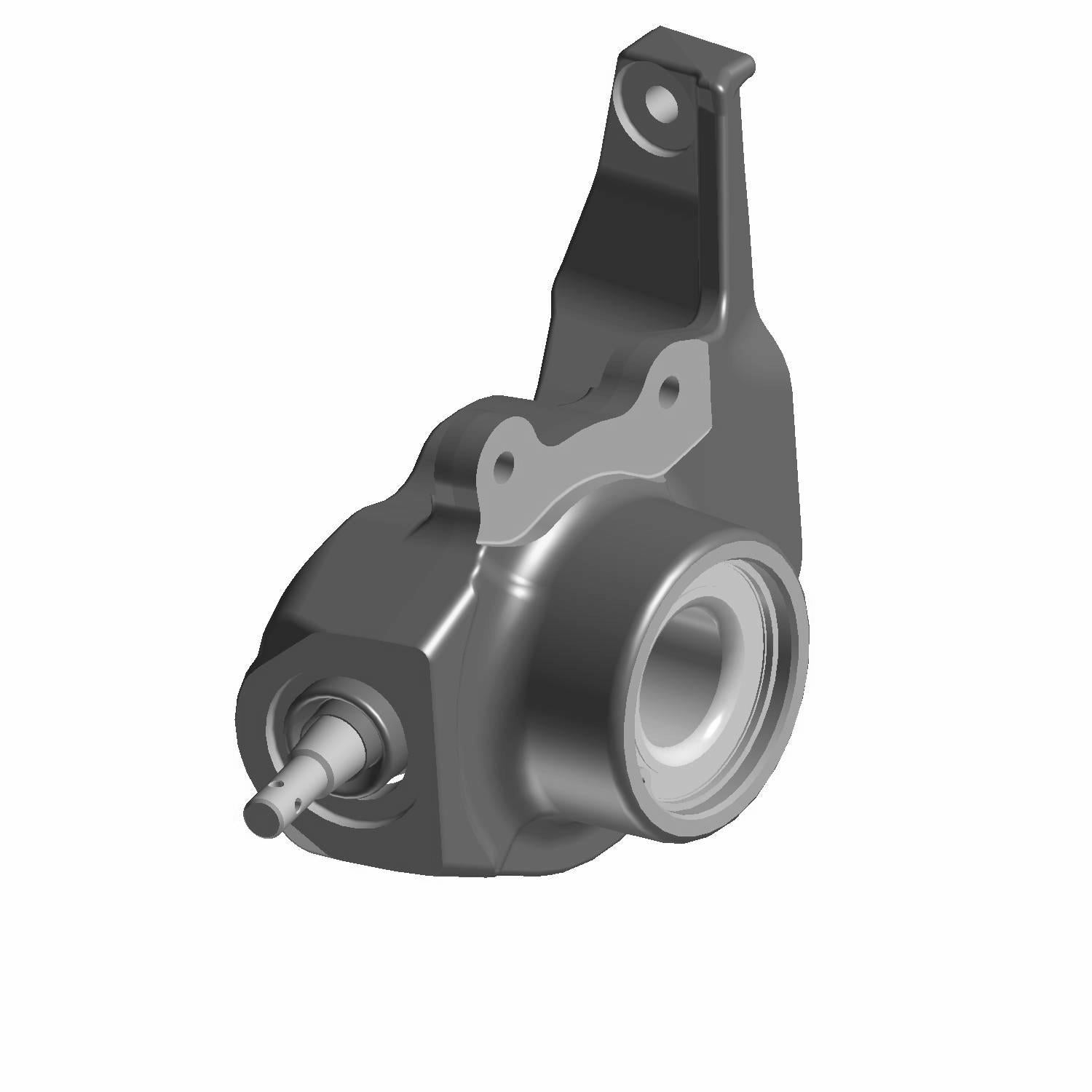 Black metal steering knuckle with mounting bracket and cylindrical bearing housing for right side installation.