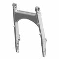 Gray metal motorcycle swingarm with mounting points and smooth angular design.