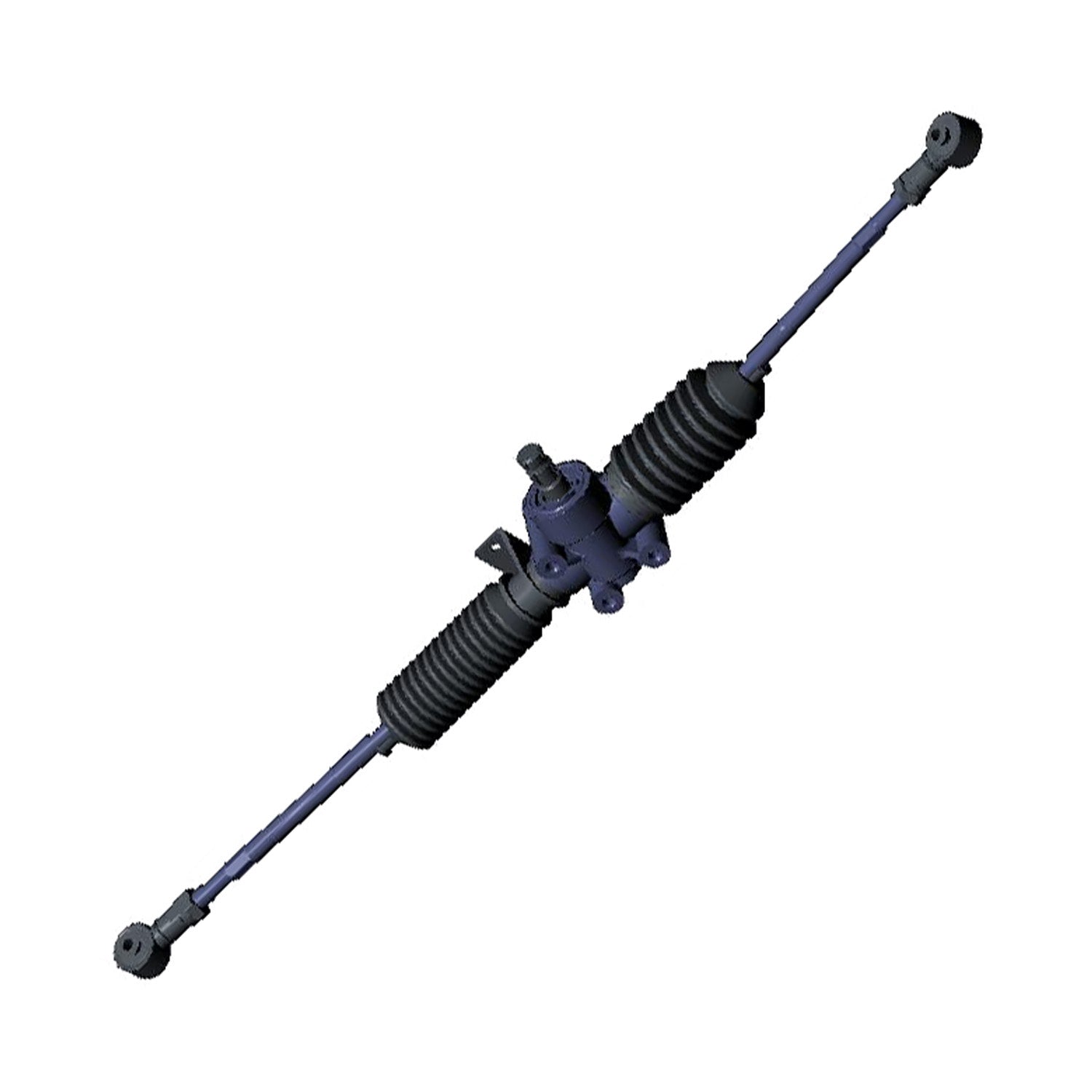 Black metal steering gear box with rubber accordion boots and connecting rods on each end.