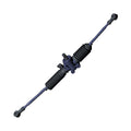 Black metal steering gear box with rubber accordion boots and connecting rods on each end.