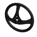 Black three-spoke steering wheel with smooth grip and central mounting holes.