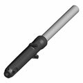 Black metal motorcycle fork leg with silver cylindrical top tube, mounting points visible.