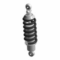 Black coil spring shock absorber with silver metal mounting eyelets on both ends.