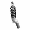 Silver and black coilover shock absorber with mounting eyelets and cylindrical base designed for motorcycles.