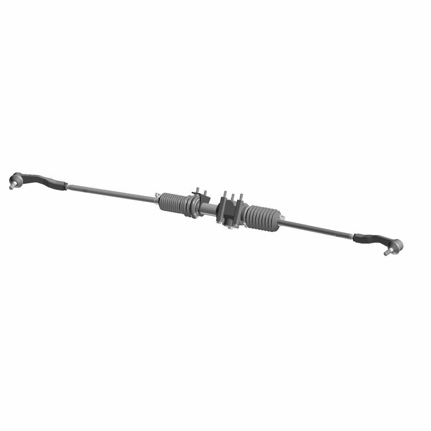 Black metal steering gear box with rubber bellows and mounting brackets on each end.