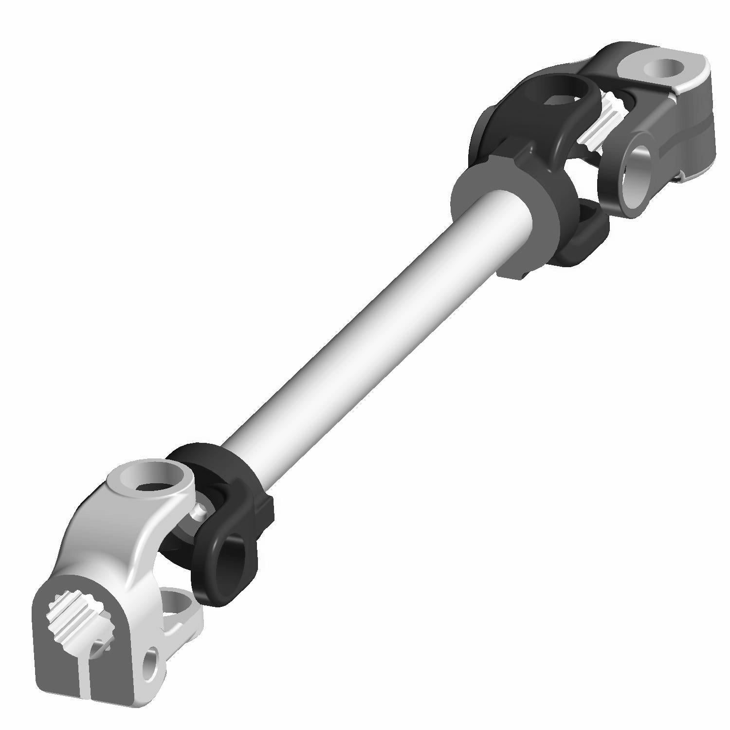 Silver metal steering shaft with black universal joints at both ends.